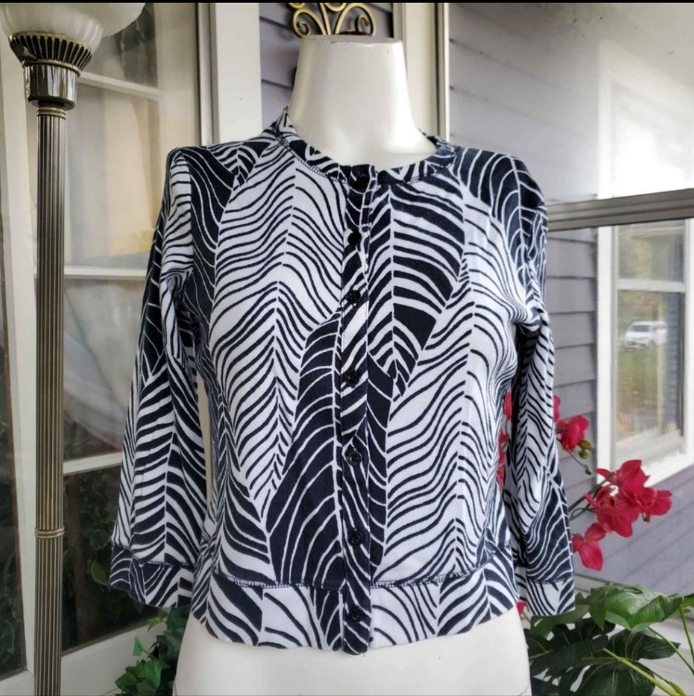 Rafaella Petite 100% Cotton Leaf Pattern Crop Cardigan Black&White Size Small